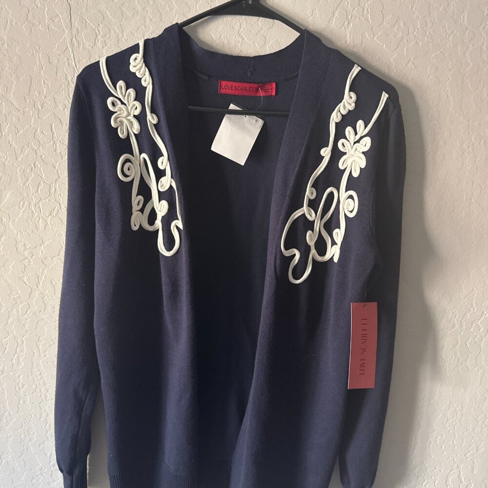 NWT Navy Open Front Cardigan w/ White Appliqué – Size S